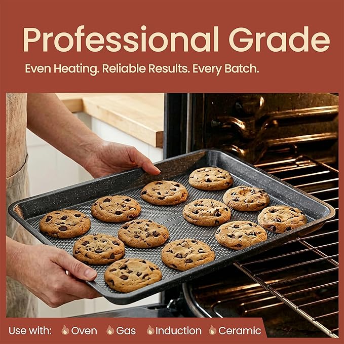 BAKKEN Kitchen Baking Pans - Nonstick Gray Coating, 13.58’’ × 9.65’’ Commercial Grade Carbon Steel Cookie Sheet, Diamond Texture Bottom, PFOA, PFOS, PTFE Free, Oven Safe Tray (450°F), Gray Marble - Image 3