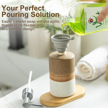 Ceramic Soap Dispenser Set for Hand Soap, Shampoo, Dish Soap, Conditioner, Includes Stainless Steel Pump and Silicone Funnel, 12 Oz, Modern Kitchen Decor