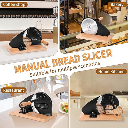 CAWIU Upgraded Manual Bread Slicer for Homemade Sourdough Bread - Adjustable Thickness Bread Cutter with Hand Crank, Suction Cups, Slicing Guide, Scale Line & Cover, for Perfect Even Slices (Black)