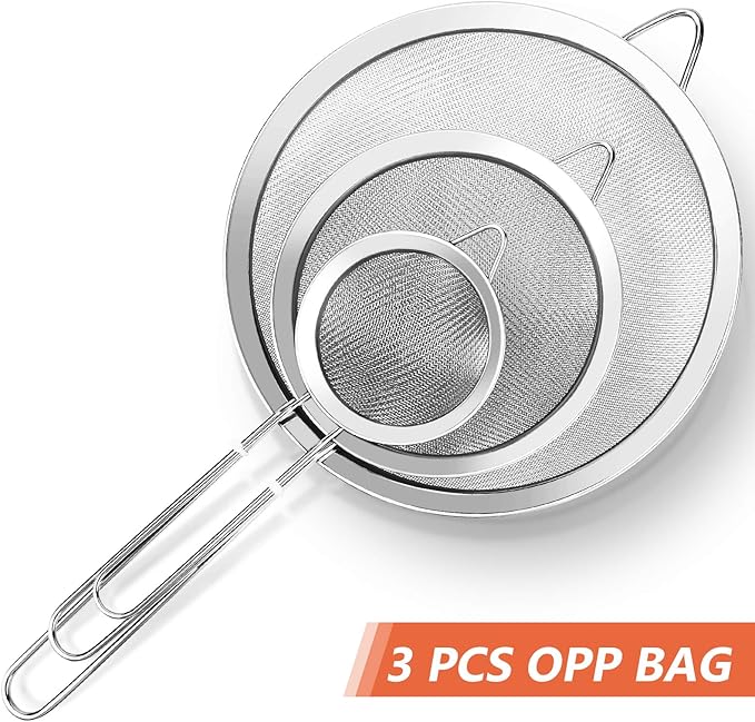 3Pcs Super Wire Extra Fine Mesh Strainer with Handle, Small Medium Large Size Sifter Metal Strainer Set, Stainless Steel Sieve Fine Mesh Strainers for Kitchen Rice Juice Quinoa Food Flour Baking YLYL - Image 7