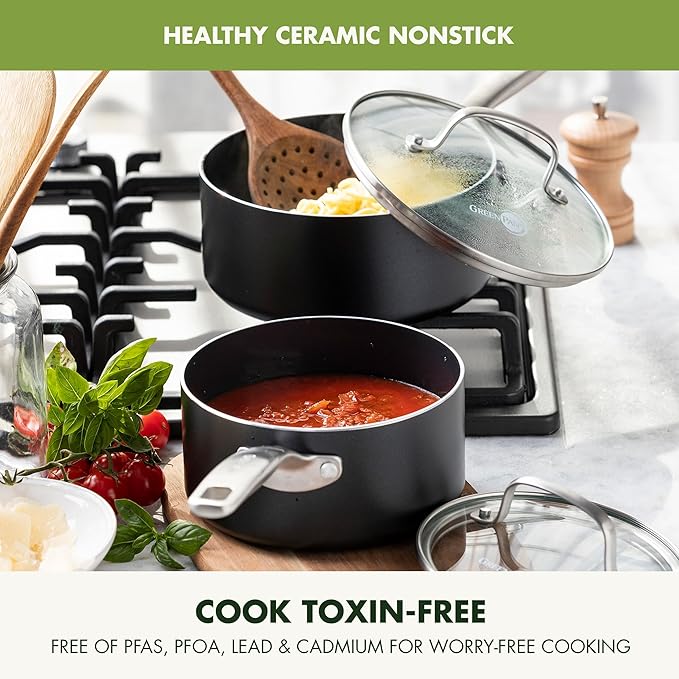 GreenPan Prime Chatham 1QT & 2QT Saucepan Pot Set with Glass Lids, Hard Anodized Diamond Infused Ceramic Nonstick, PFAS-Free, Dishwasher Safe, Oven Safe, Multipurpose Chefs Pan, Stay-Cool Handle,Black - Image 2