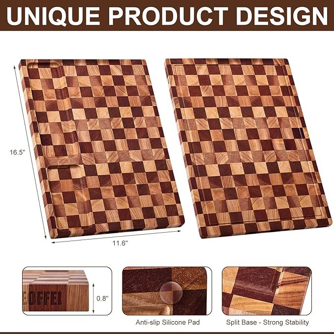 Checkered Cutting Board with Stand, Dual-Sided Wood Cutting Board with Juice Groove, 16.5x11.6 Inch Butcher Block Serving Tray, Chopping Board for Kitchen Gifts
