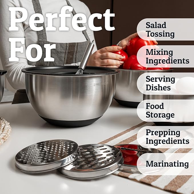 Priority Chef Stainless Steel Mixing Bowls with Lids Set, 3 Grater Attachments, Airtight Lids, Non-Slip Silicone Base Mixing Bowl Set, Large Prep Metal Mixing Bowls for Kitchen, Black - Image 6
