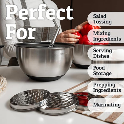 Priority Chef Stainless Steel Mixing Bowls with Lids Set, 3 Grater Attachments, Airtight Lids, Non-Slip Silicone Base Mixing Bowl Set, Large Prep Metal Mixing Bowls for Kitchen, Black - Image 6