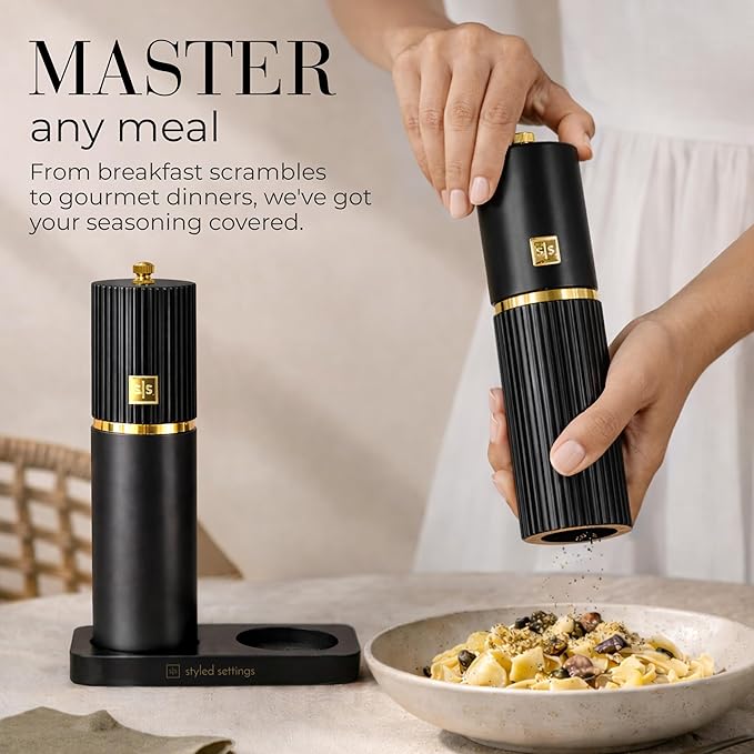 Wooden Salt and Pepper Grinder Set – Refillable Manual Salt and Pepper Mills with Adjustable Ceramic Burrs, Gold Detailing, and Wood Stand – Black - Image 7
