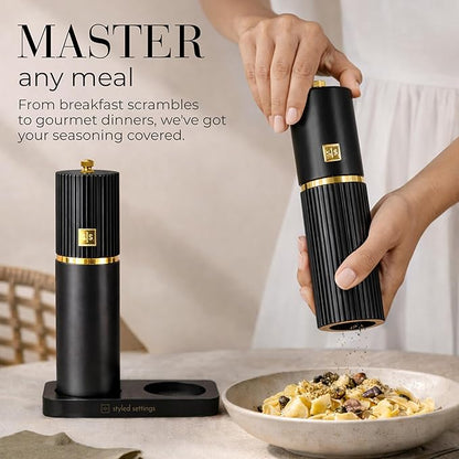 Wooden Salt and Pepper Grinder Set – Refillable Manual Salt and Pepper Mills with Adjustable Ceramic Burrs, Gold Detailing, and Wood Stand – Black - Image 7