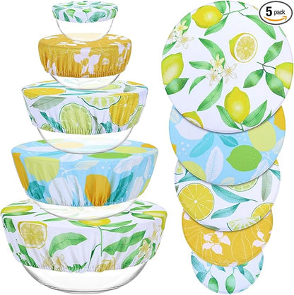 5 Pieces Bowl Covers Reusable, 5 Size Elastic Cloth Bowl Covers for Bread Proofing Stretch Food Covers Washable for Food Fruits Leftover (Lemon) by Revahope