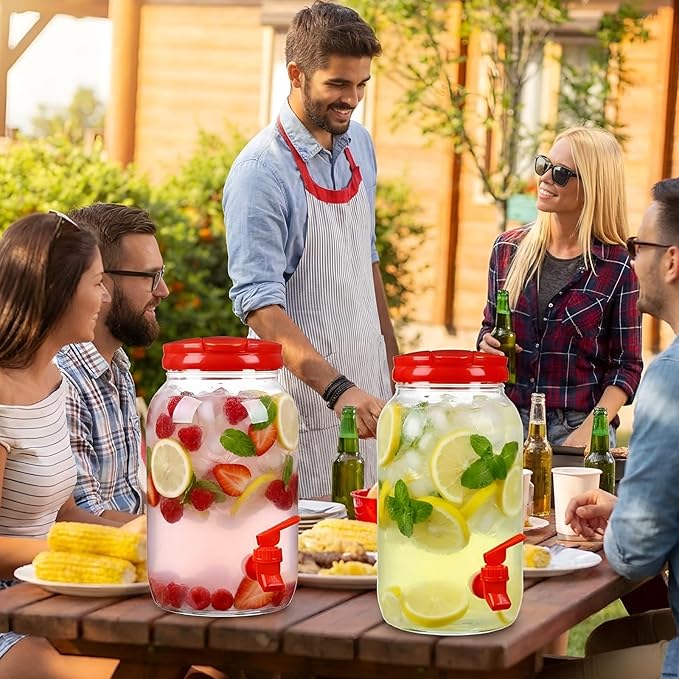 Havawish 2 Pcs 1 Gallon Plastic Beverage Dispenser with Spigot Clear Summer Kitchen Fridge Drink Dispenser for Parties Lemonade Juice Tea Beer Cold Water (Red,Cylinder)