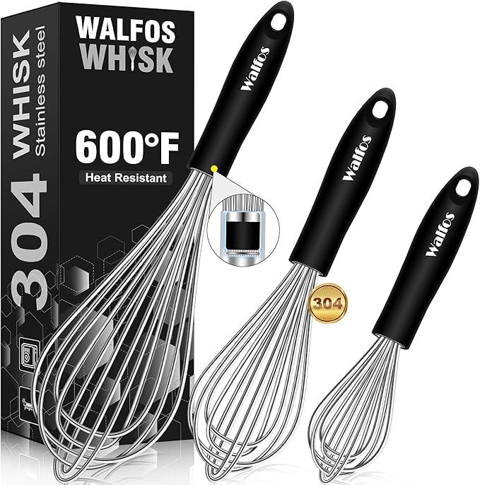 Stainless Steel Wire Whisk Set - 3 Packs Balloon Whisk, Thick Wire Wisk ＆ Strong Handles, Egg Frother for Cooking, Blending, Whisking, Beating and Stirring (7"+9"+11") by Walfos