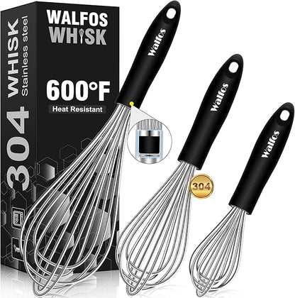 Stainless Steel Wire Whisk Set - 3 Packs Balloon Whisk, Thick Wire Wisk ＆ Strong Handles, Egg Frother for Cooking, Blending, Whisking, Beating and Stirring (7"+9"+11") by Walfos