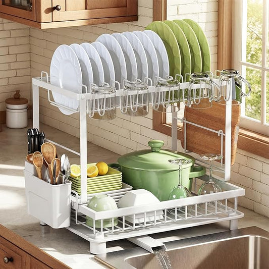 Multifunctional Dish Drying Rack - Rustproof, 2-Tier Dish Racks with Drainboard, Space-Saving Design, Utensil & Cup Holder for Kitchen Counter, White by Nfnoyp