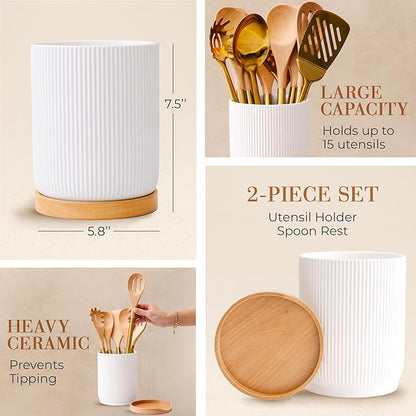 STYLED SETTINGS White Ceramic Utensil Holder with Built-In Wooden Spoon Rest –2PC Set for Kitchen Countertop Organization – Ceramic Utensil Crock & Wood Spoon Rest for Clean, Stylish Cooking - Image 5