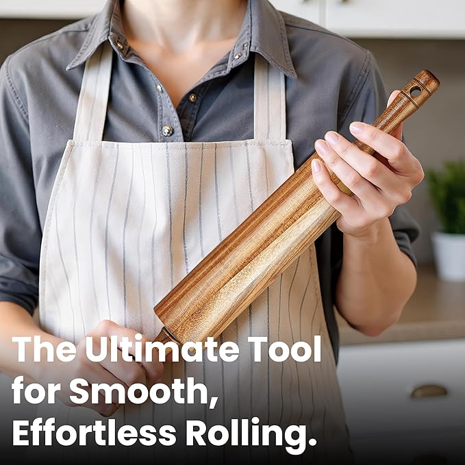 KARRYOUNG Acacia Wood Rolling Pin for Baking, Kitchen Dough Roller With Handles, Rodillo Para Masa, Rolling Pin for Dough, Pizza,Bread, Fondant & Tortilla - Image 3