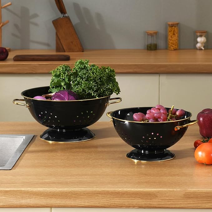 Metal Colander 2 Pack, 3.5 Quart Powder Coated Self-draining Solid Ring Base Metal Large Kitchen Pasta Vegetable Fruit Strainer with Handle (L-BLACK) - Image 7