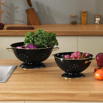 Metal Colander 2 Pack, 3.5 Quart Powder Coated Self-draining Solid Ring Base Metal Large Kitchen Pasta Vegetable Fruit Strainer with Handle (L-BLACK) - Image 7