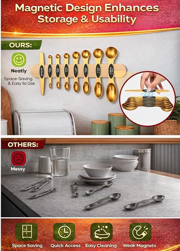 Magnetic Measuring Spoons Set with Strong N45 Magnets, Heavy Duty Stainless Steel Metal, Fits in Most Kitchen Spice Jars for Baking & Cooking, BPA Free, Multicolor, Set of 8 with Leveler(Gold) - Image 5