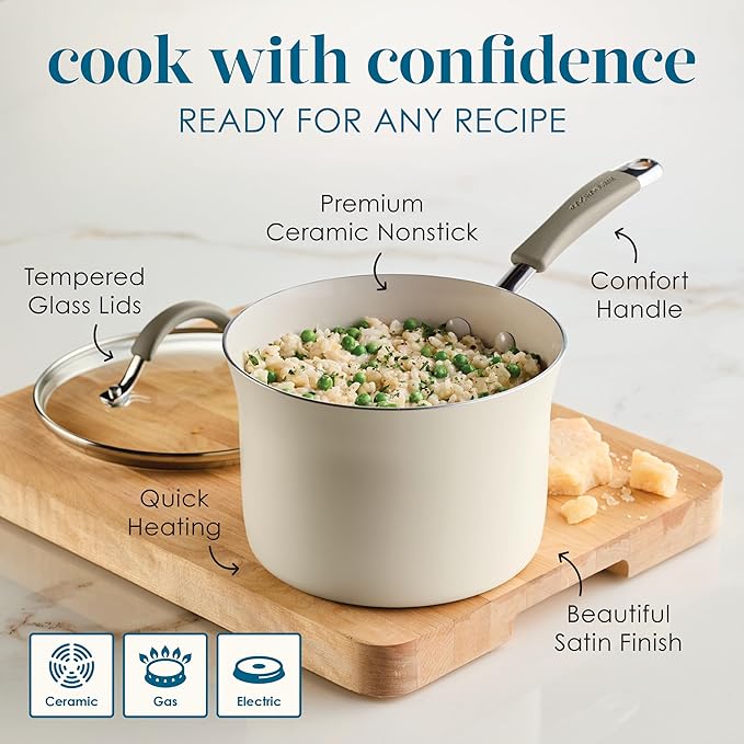 Rachael Ray Cucina Ceramic Cookware Set - 13 Pieces - Ceramic Pots and Pans Set w/Nonstick Frying Pans, Saute Pan, Saucepans, Stockpot, Lids, Pan Protectors & Cooking Utensils - Almond - Image 7