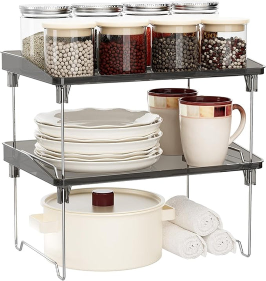 STARLATTA 2 Pcs Cabinet Organizer Shelf，Stackable Kitchen Counter Shelves, Spice Rack,Countertop Organizers，Black Plastic Storage Shelves Rack for Makeup，Bathroom, Cupboard，Desk，Pantry Organization by STARLATTA