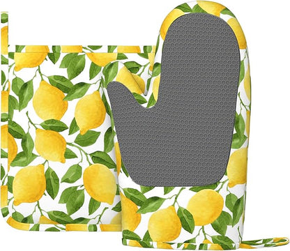 Lemon Oven Mitts and Pot Holders Sets of 4,Resistant Hot Pads with Silicone Non-Slip BBQ Gloves for Kitchen,Cooking,Baking,Grilling