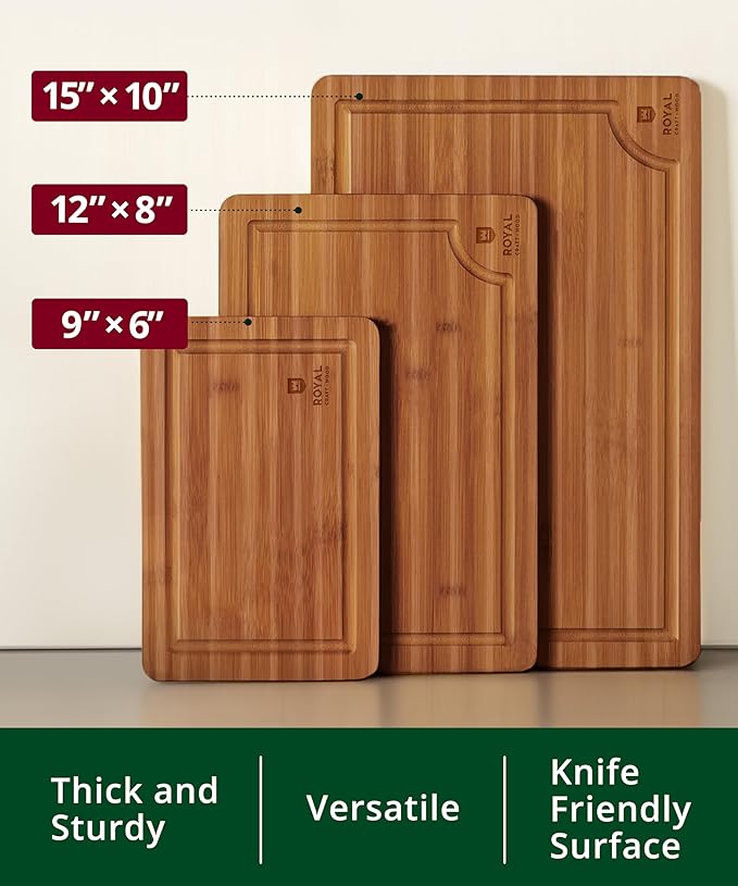ROYAL CRAFT WOOD Wooden Cutting Boards for Kitchen Meal Prep & Serving - Bamboo Wood Serving Board Set with Deep Juice Groove Side Handles - Charcuterie & Chopping Butcher Block for Meat - Image 2