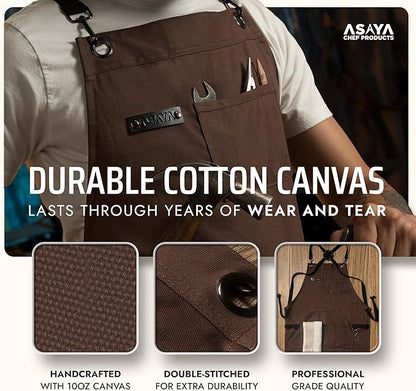 Asaya Chef and BBQ Apron with Bottle Opener and Hand Towel - 10oz Cotton Canvas, Stainless Steel Hardware - Cross Back Straps - Image 3