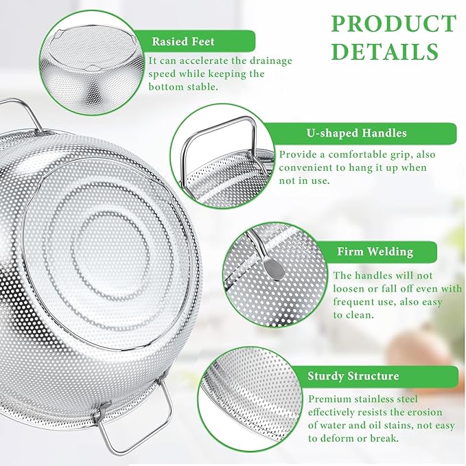 Colander Set of 3, Stainless Steel Micro-Perforated Colanders Strainers for Draining Rinsing Washing, Ideal for Pasta Vegetables Fruits, Heavy Duty & Dishwasher Safe - Image 5