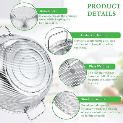 Colander Set of 3, Stainless Steel Micro-Perforated Colanders Strainers for Draining Rinsing Washing, Ideal for Pasta Vegetables Fruits, Heavy Duty & Dishwasher Safe - Image 5