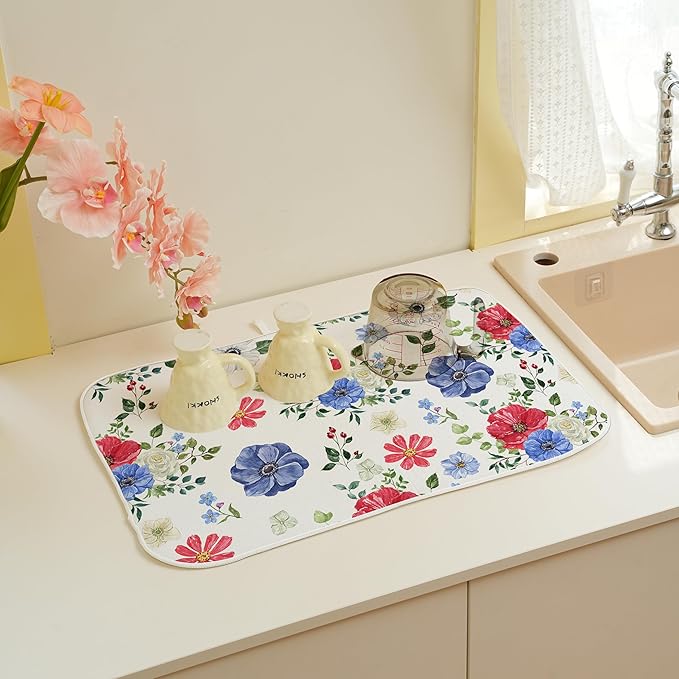 Blue Red Floral Dish Drying Mats 18x24 Inch Independence Day Flower Drying Mats 4th Of July Outdoor Decorations Absorbent Memorial Day Drying Dish Mats for Kitchen Dining Room Counter Decor