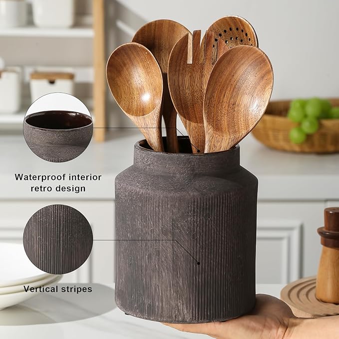 Farmhouse Ceramic Farmhouse Kitchen Utensil Holder for Countertop, Rustic Cooking Utensil Holder Crock Fit for Kitchen Counter. 6.1 x 6.1 x 7 IN - Image 4