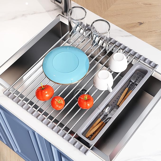 JASIWAY Over The Sink Dish Drying Rack for Kitchen, Expandable (12.8"-23.8" D x 15.5" W) Roll Up Dish Drainer with The Function of Fordable, Rust Proof, Large Sink Cover with Removable Utensil Holder - Image 2