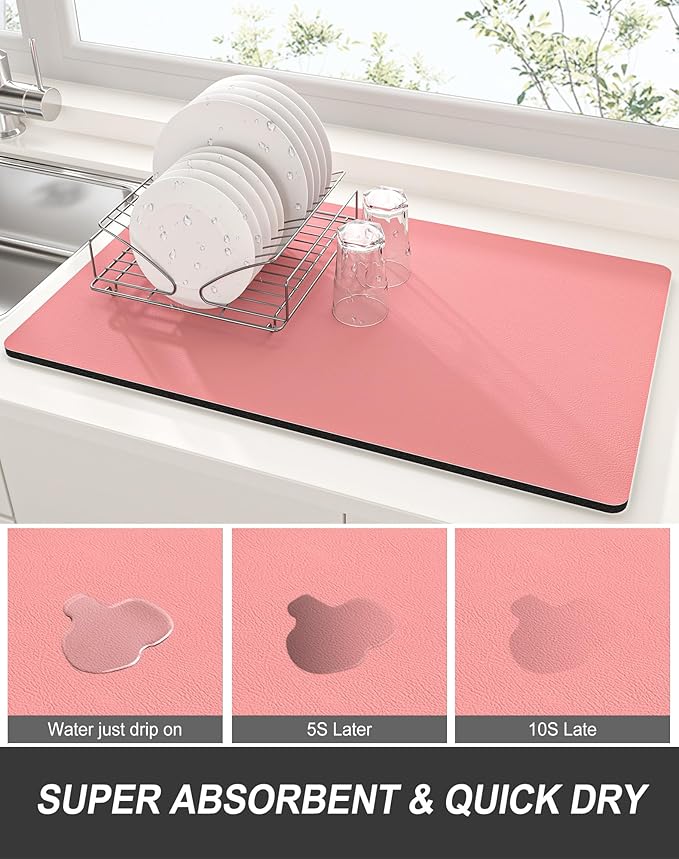 Rnivvi Dish Drying Mat for Kitchen Counter, 12 x 19" Super Absorbent Drainer Pad Easy Clean Dish Rack Pad, Non-Slip Heat Resistant Coffee Bar Mats for Coffee Machine Station Accessories, Rose Pink - Image 3
