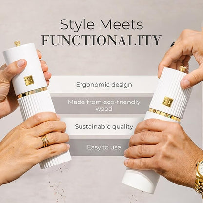 Wooden Salt and Pepper Grinder Set – Refillable Manual Salt and Pepper Mills with Adjustable Ceramic Burrs, Gold Detailing, and Wood Stand – White - Image 4