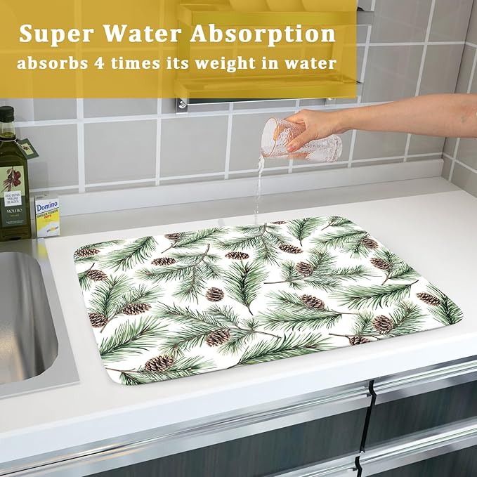 Winter Dish Drying Mat for Kitchen Counter Pine Needle Cone Festival Xmas Microfiber Absorbent Dish Draining Reusable Washable Foldable Extra Large 18"x24" - Image 7