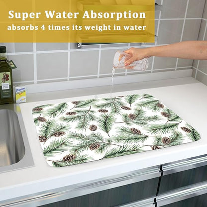 Winter Dish Drying Mat for Kitchen Counter Pine Needle Cone Festival Xmas Microfiber Absorbent Dish Draining Reusable Washable Foldable Extra Large 18"x24" - Image 7