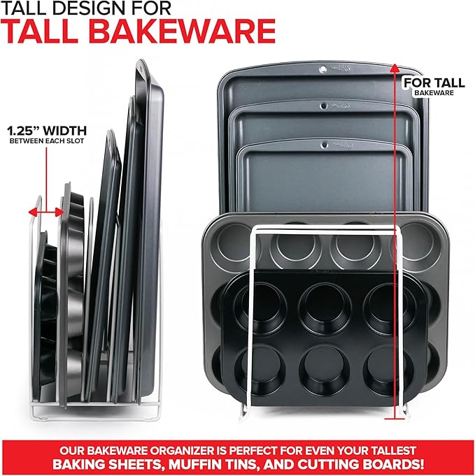Stock Your Home White (2 Pack) Extra Tall Steel Baking Pan Organizer Rack for Cabinet Storage or Kitchen Counter, Cookie Baking Sheet Organizer with Dividers, Muffin Tin and Cutting Board Holder - Image 5