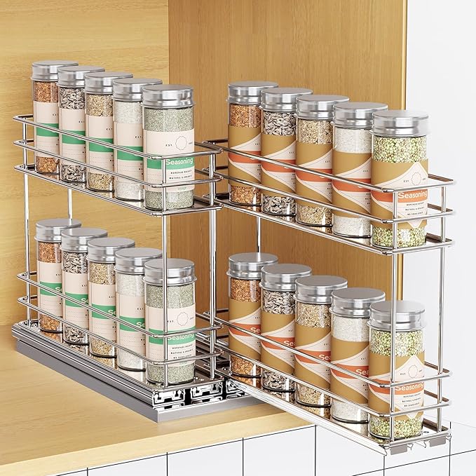 Mystozer Pull Out Spice Rack Organizer for Cabinet, Slide Out Spice Racks, Easy to Install Spice Cabinet Organizers, 5.28" Wx10.43 Dx8.26 H, 2 Drawers 2 Tiers(Silver) by Mystozer