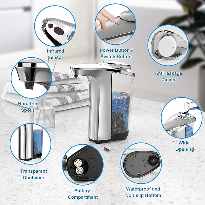 PZOTRUF Automatic Soap Dispenser, Touchless Dish Soap Dispenser 17oz/500ml with Infrared Sensor, 5 Adjustable Soap Dispensing Levels, Liquid Hand Dispenser for Bathroom Kitchen Sink (Silver) - Image 6
