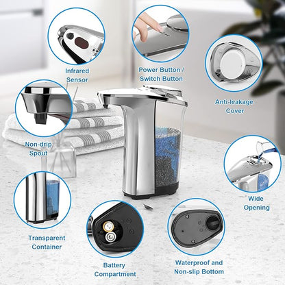 PZOTRUF Automatic Soap Dispenser, Touchless Dish Soap Dispenser 17oz/500ml with Upgraded Infrared Sensor, 5 Adjustable Soap Dispensing Levels, Liquid Hand Dispenser for Bathroom (Silver Set) - Image 6