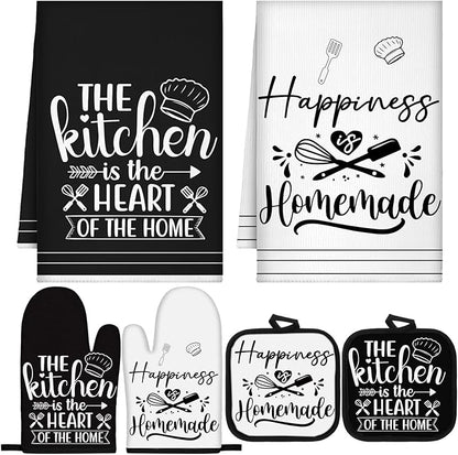 Sratte 6 Pcs Kitchen Decor Accessories Set Farmhouse Towels Pot Holders Oven Mitts Set 2 Dish Towels 2 Potholders 2 Cooking Mittens Oven Glove for Christmas Baking Cooking Supply(White,Kitchen) by Sratte