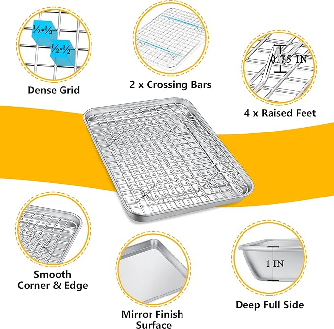 P&P CHEF 10.4 Inch Toaster Oven Pan with Rack Set, Stainless Steel Baking Pan Tray and Grid Cooling Rack for Cooking/Roasting, Dishwasher Safe & Easy to Clean, Non-toxic & Sturdy, (2Pcs)