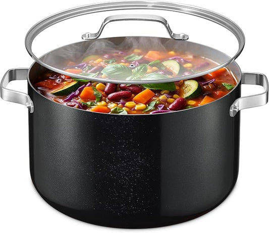 Bakken 16 Quart Ceramic Coated Stock Pot with Lid, Easy Clean Nonstick Pot, Tempered Glass Lid, Riveted Stainless Steel Handles, Oven Safe Up To 500°F, PTFE & PFAS Free, All Stove Compatible, Black by BAKK%C3%8BNMASTER