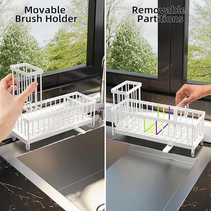 Moforoco Extra Large Kitchen Sink Caddy, Rustproof Sponge Holder with High Brush Holder, Stainless Steel White Kitchen Caddy Sink Countertop Organizer, Sponge Caddy for Kitchen Sink - Image 4