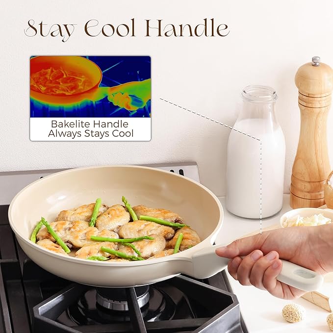 PRICUSIS Nonstick Ceramic Frying Pan with Lid, 8/10 Inch Skillet with Stay Cool Handle, Fully Coated, 100% Dishwasher Safe, PTFE PFAS & PFOA Free (10 Inch, Coconut White - Image 6