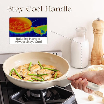 PRICUSIS Nonstick Ceramic Frying Pan with Lid, 8/10 Inch Skillet with Stay Cool Handle, Fully Coated, 100% Dishwasher Safe, PTFE PFAS & PFOA Free (8 Inch, Coconut White - Image 6