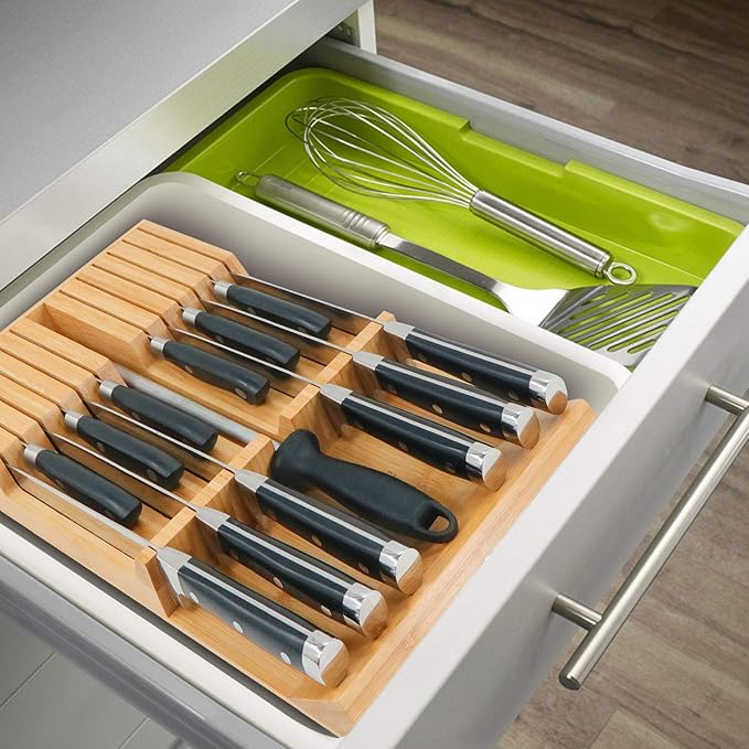 Utoplike in-Drawer Knife Block Bamboo Kitchen Knife Drawer Organizer, Handle Steak Knife Holder Without Knife, Fit for 12 Knives and 1 Sharpening Steel (Knives Not Included) - Image 5