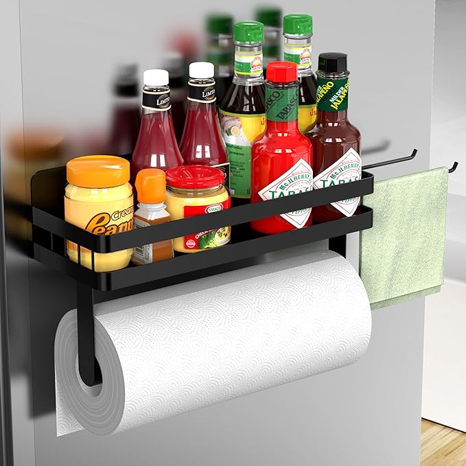 ZUNTO Magnetic Paper Towel Holder for Fridge, Black Kitchen Organizer with Towel Roll Holder, Spice Shelf and 2 Hanging Racks(No Drilling) by ZUNTO