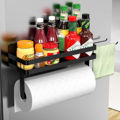 ZUNTO Magnetic Paper Towel Holder for Fridge, Black Kitchen Organizer with Towel Roll Holder, Spice Shelf and 2 Hanging Racks(No Drilling) by ZUNTO