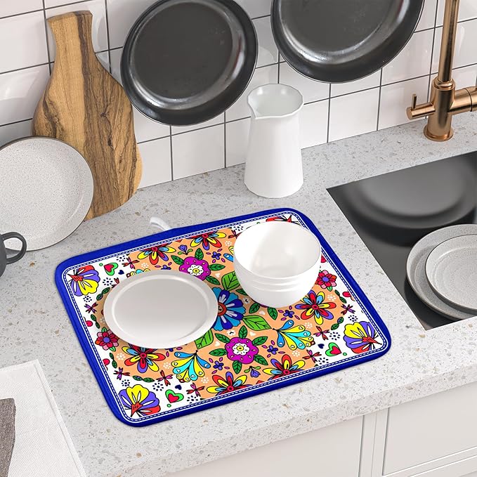 Mexican Talavera Dish Drying Mat Navy Blue Microfiber Dish Drain Pad for Kitchen Decor - Image 6