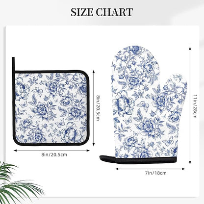 Floral Oven Mitts and Pot Holders Sets of 3, Blue Floral Silicone Oven Mitts Birthday for Flower Lover Kitchen Decor, Botanical Print Heat Resistant Non-Slip Oven Gloves for Mom Wife Sister BFF