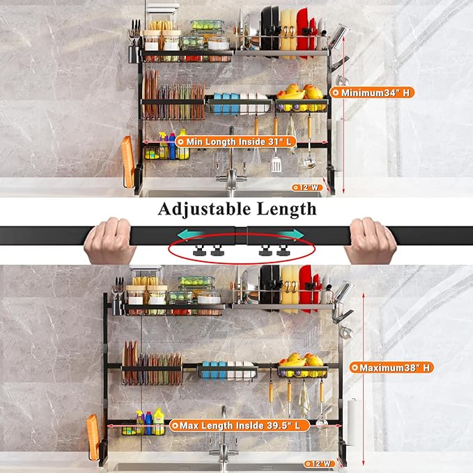 ADBIU Over Sink Dish Drying Rack (Expandable Height/Length) Snap-On Design Large Dish Drainer Storage Counter Organizer 32-40L x 12W x 34-38H (inches) - Image 2